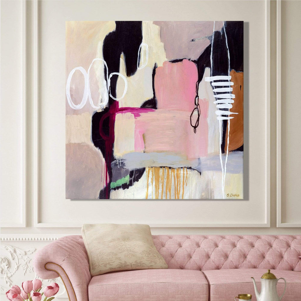 Pink black grey white ochre original abstract painting  print on canvas or paper made by Sarina Diakos Art who is an artist who paints original paintings on canvas